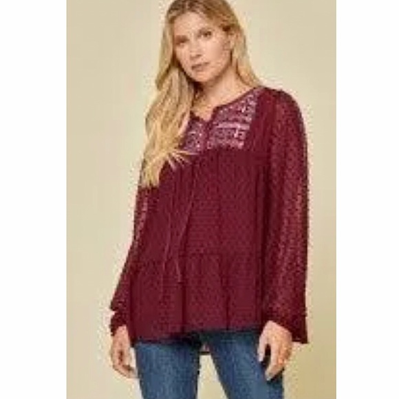Savanna Jane Tops - SAVANNA JANE Burgundy Embroidered Swiss Dot Top